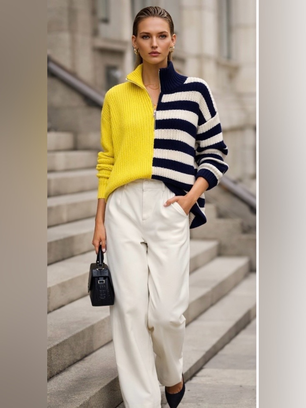 STAUD Hampton Half Zip Sweater Colorblock Stripe Chartreuse XS NWT $295
